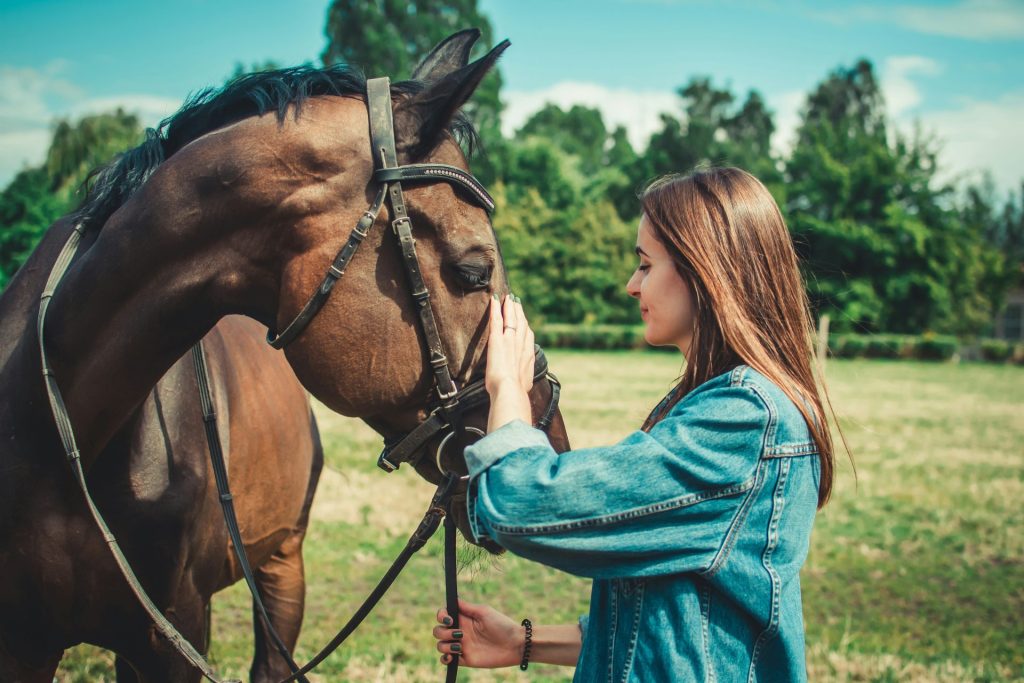 Frau in blauer Jeansjacke steht tagsüber neben einem braunen Pferd